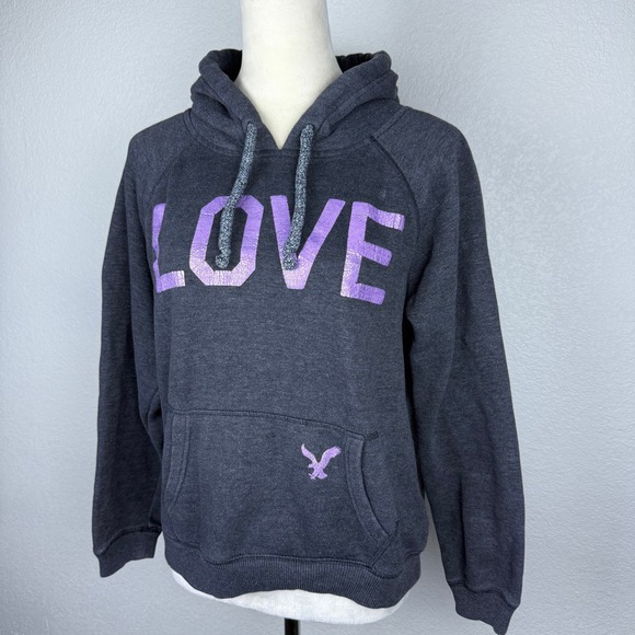 American Eagle Outfitters LOVE Hoodie Pullover Gray Purple Drawstring Womens - Picture 2 of 6